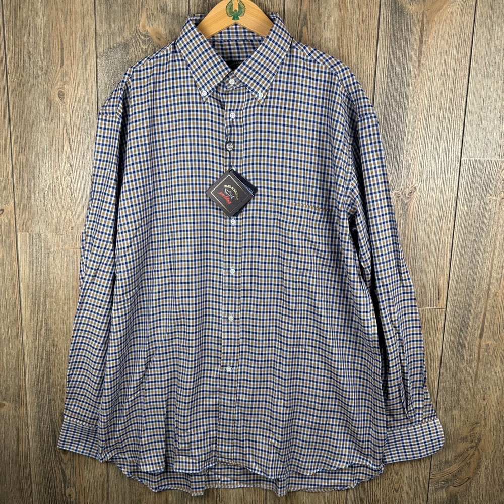 Paul & Shark Yachting Mens XLT Button Down Shirt Blue Gold Check Made Italy NEW